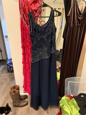 J Kara Navy Beaded Formal Prom Dress